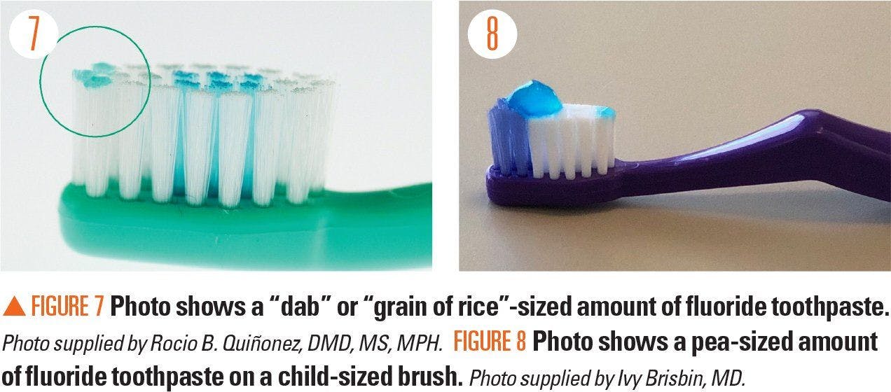 Photos illustrating the proper sized amount of toothpaste for children younger than 3 years and older than 3 years