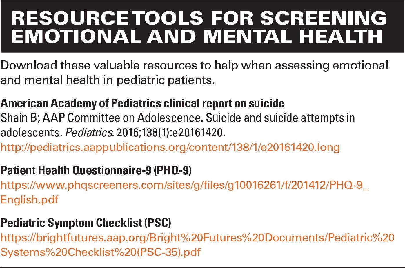 Resource tools for screening emotional and mental health