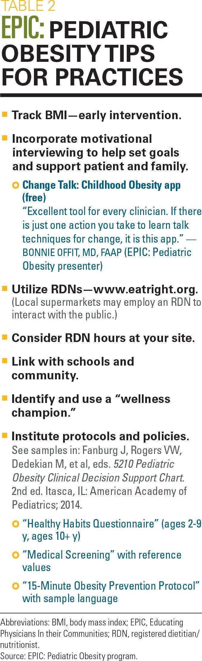EPIC: Pediatric obesity tips for practices