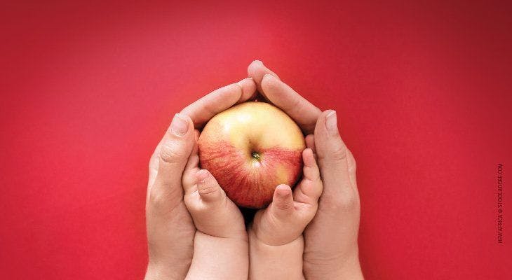 adult and child hands holding apple