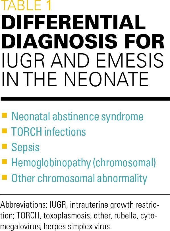 Differential diagnosis for IUGR and emesis in the neonate